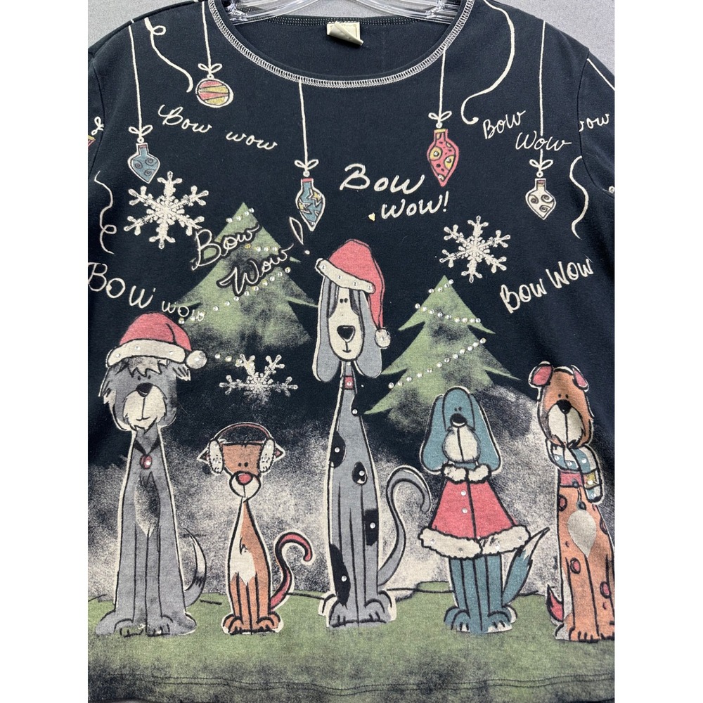 Jess & Jane Women's Christmas Dog Bow Wow Long Sleeve Graphic Top Black USA Made